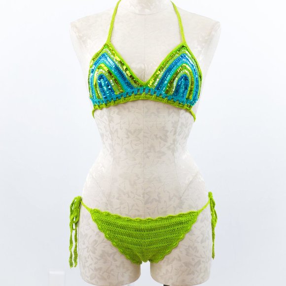 Luxury Handmade S Crochet Sequin Bikini Green - Picture 13 of 13